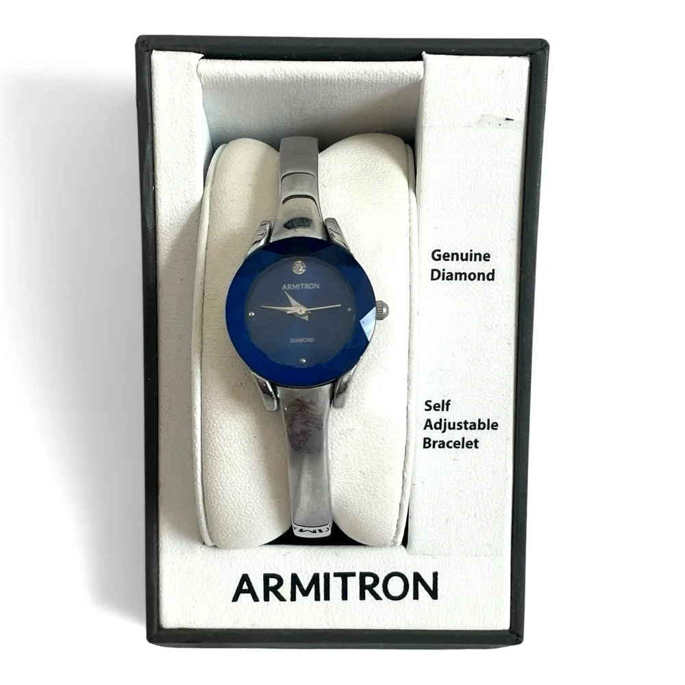 Armitron Womens Watch Genuine Diamond Blue Dial Silver Bangle Bracelet VG